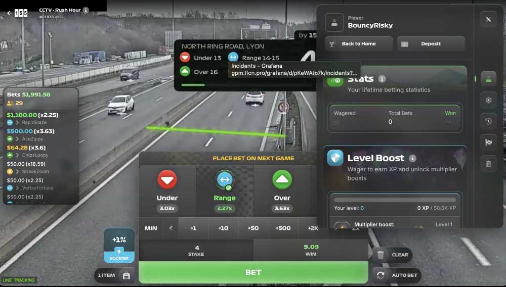 Rush Hour CCTV Casino Game gameplay — live intersection feed with AI detection zone overlay